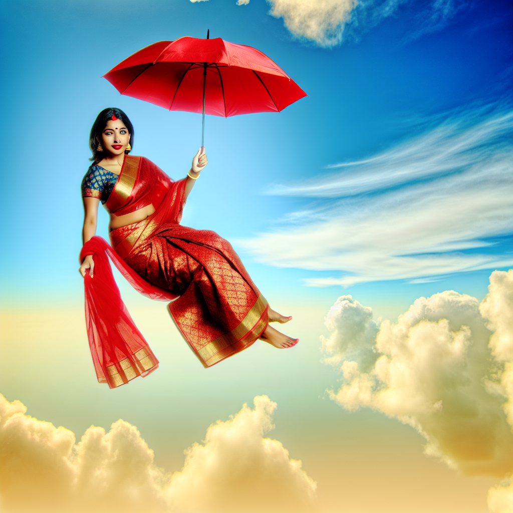 A person holding a red umbrella, floating in the sky with clouds